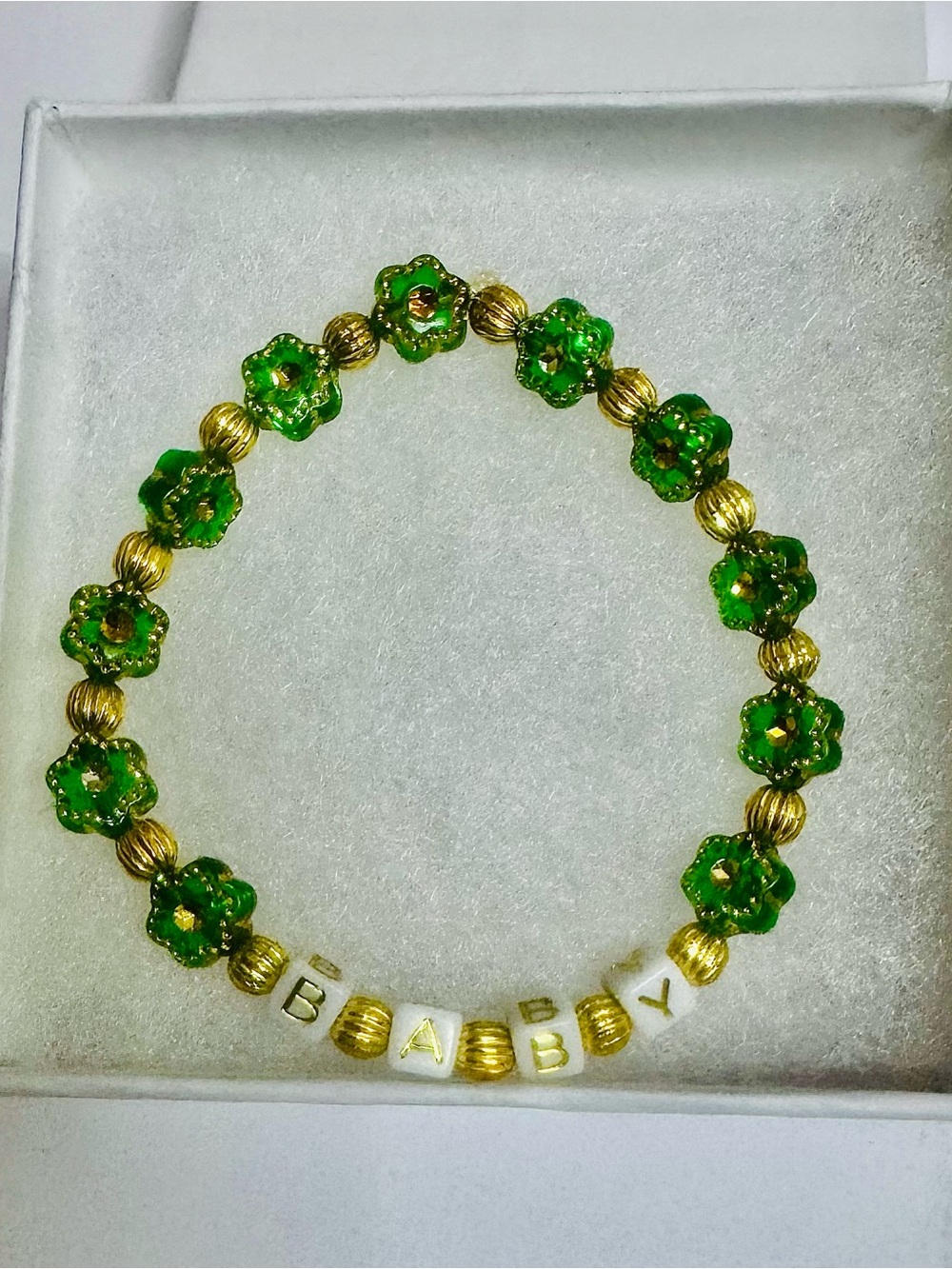 Personalized Green Flower Bead Stretch Bracelet with Gold Accents